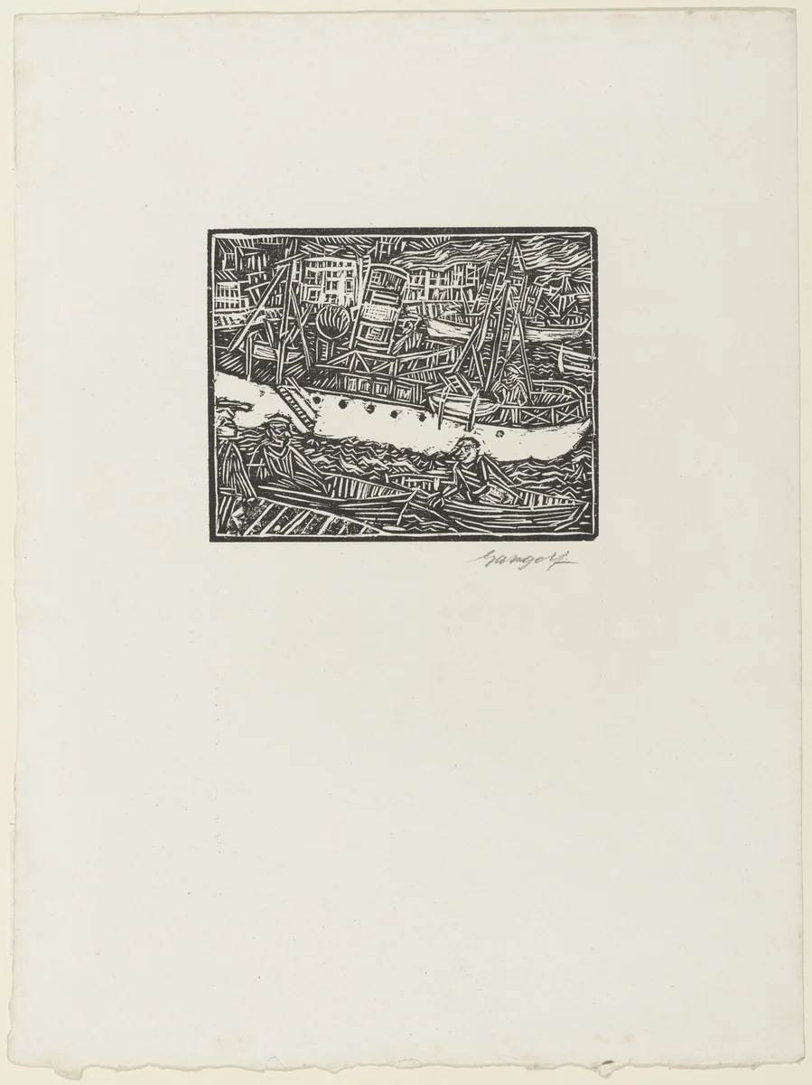 Marseille, Steamboat in the Harbor (Marseille, Dampfer im Hafen) from the periodical in portfolio form Die Schaffenden, vol. 7, no. 2 by Paul Gangolf, print, 1929