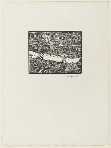 Marseille, Steamboat in the Harbor (Marseille, Dampfer im Hafen) from the periodical in portfolio form Die Schaffenden, vol. 7, no. 2 by Paul Gangolf, print, 1929
