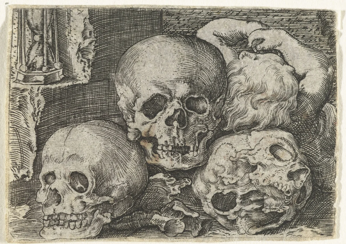 Kind met drie schedels by anonymous, print, 1529-1590