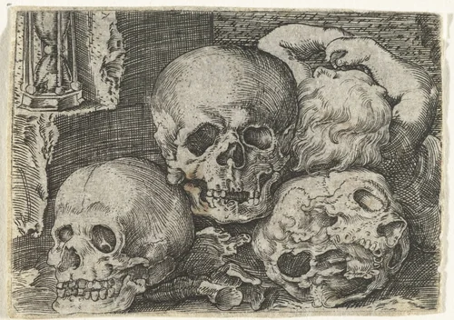 Kind met drie schedels by anonymous, print, 1529-1590