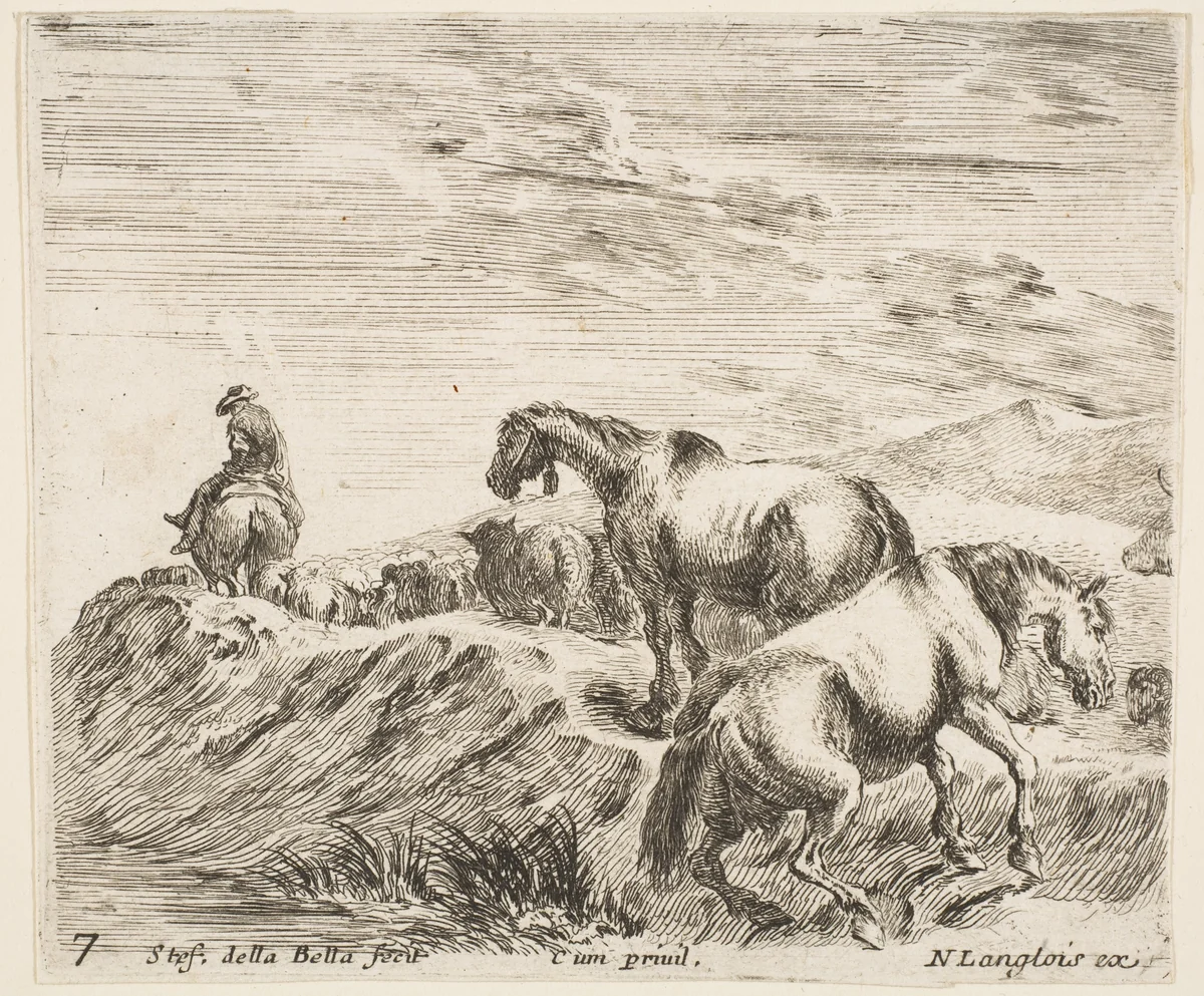 Two horses ascending the bank of a river at right, following a procession of horses and one horseman to the left, plate 7 from "Diversi capricci" by Stefano della Bella, print, 1639-1649