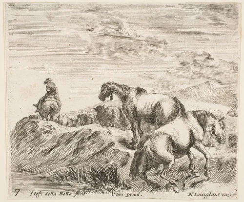 Two horses ascending the bank of a river at right, following a procession of horses and one horseman to the left, plate 7 from "Diversi capricci" by Stefano della Bella, print, 1639-1649