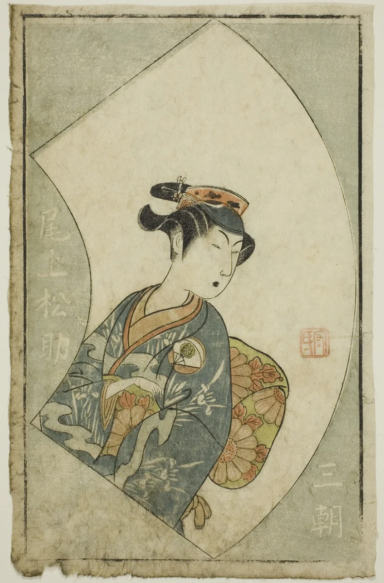 The Actor Onoe Matsusuke I, page from "A Picture Book of Stage Fans (Ehon butai ogi)" by Ippitsusai Buncho, print, 1770