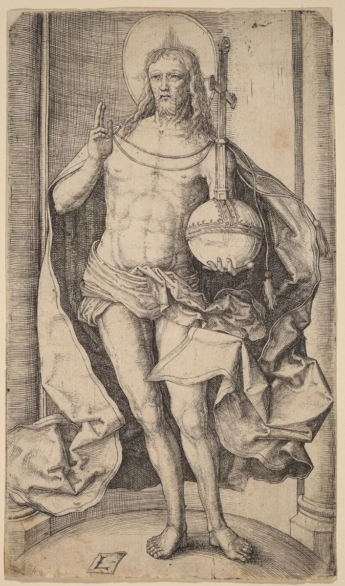 The Savior Standing with the Globe and Cross in His Left Hand by Lucas van Leyden, print, 1510