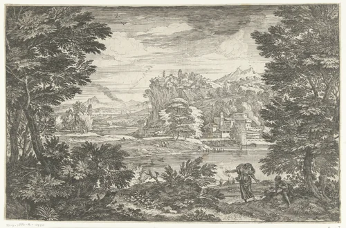 Landschap met man zittend onder boom by Adriaen van der Kabel, print, 1648-1705