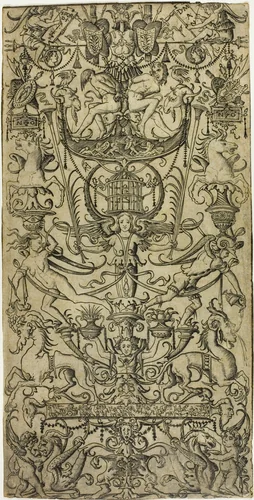 Panel of Ornament with a Birdcage by Nicoletto da Modena, print, 1502-1512