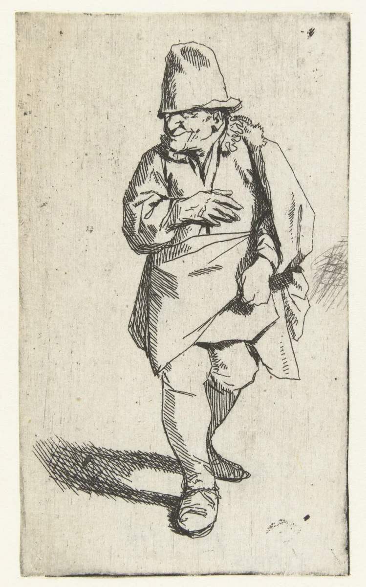 Staande man met hoge hoed of muts, rechterhand voor borst by Cornelis Pietersz. Bega, print, 1642-1664