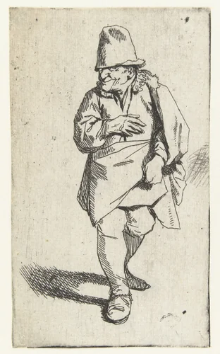 Staande man met hoge hoed of muts, rechterhand voor borst by Cornelis Pietersz. Bega, print, 1642-1664