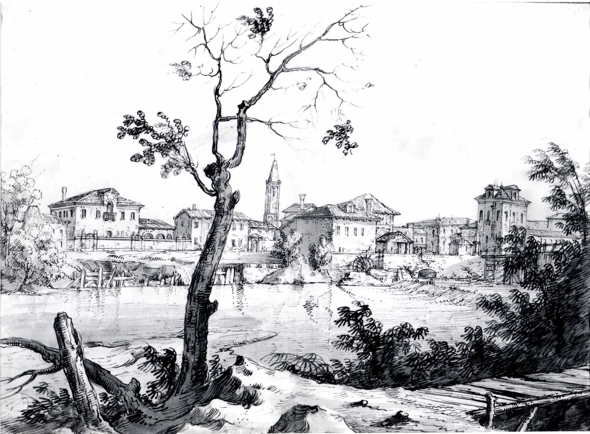 A Village on the Brenta by Bernardo Bellotto, drawing, 1737-1744