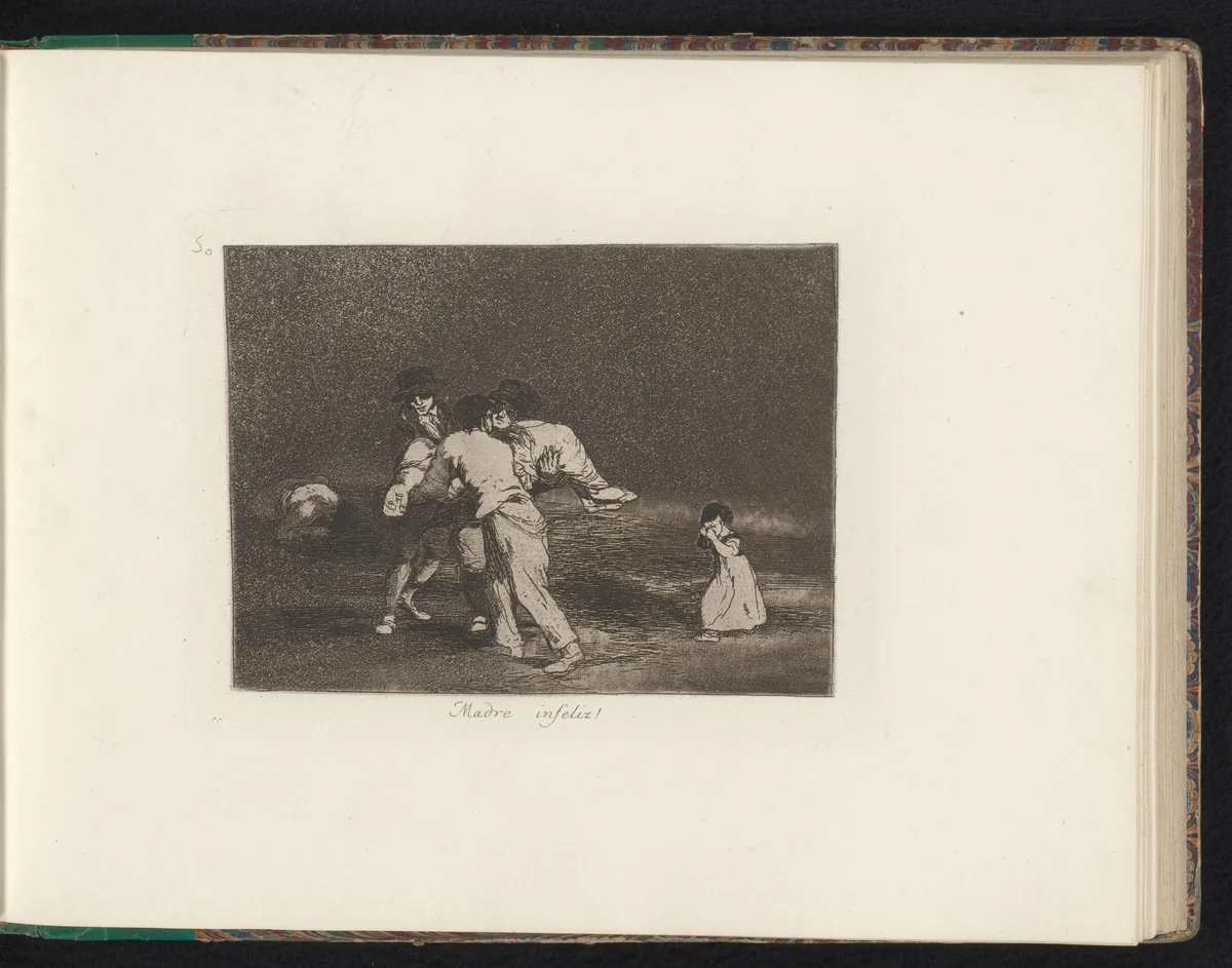 Lichaam van een vrouw wordt door drie mannen weggedragen van haar huilende dochter by Francisco de Goya, book, 1810-1820