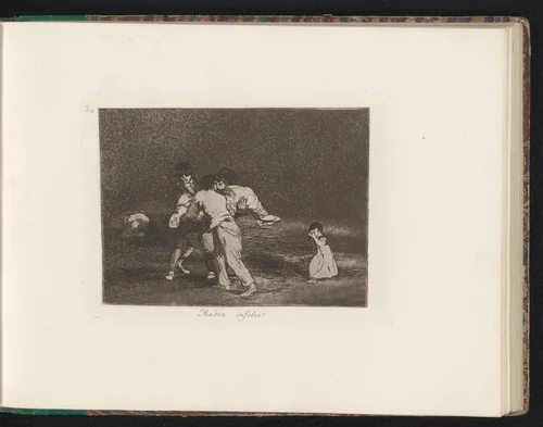 Lichaam van een vrouw wordt door drie mannen weggedragen van haar huilende dochter by Francisco de Goya, book, 1810-1820