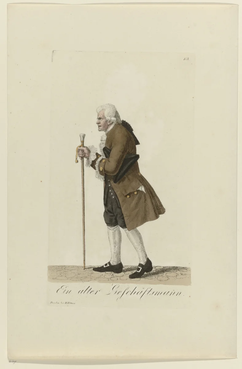 Kostuum van een oude koopman by Samuel Gränicher, print, 1803-1808
