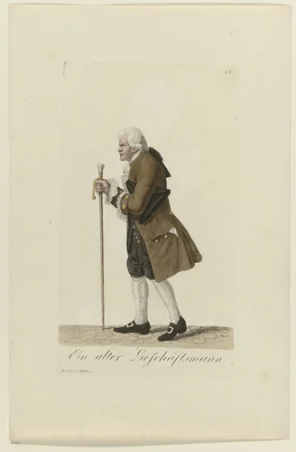 Kostuum van een oude koopman by Samuel Gränicher, print, 1803-1808