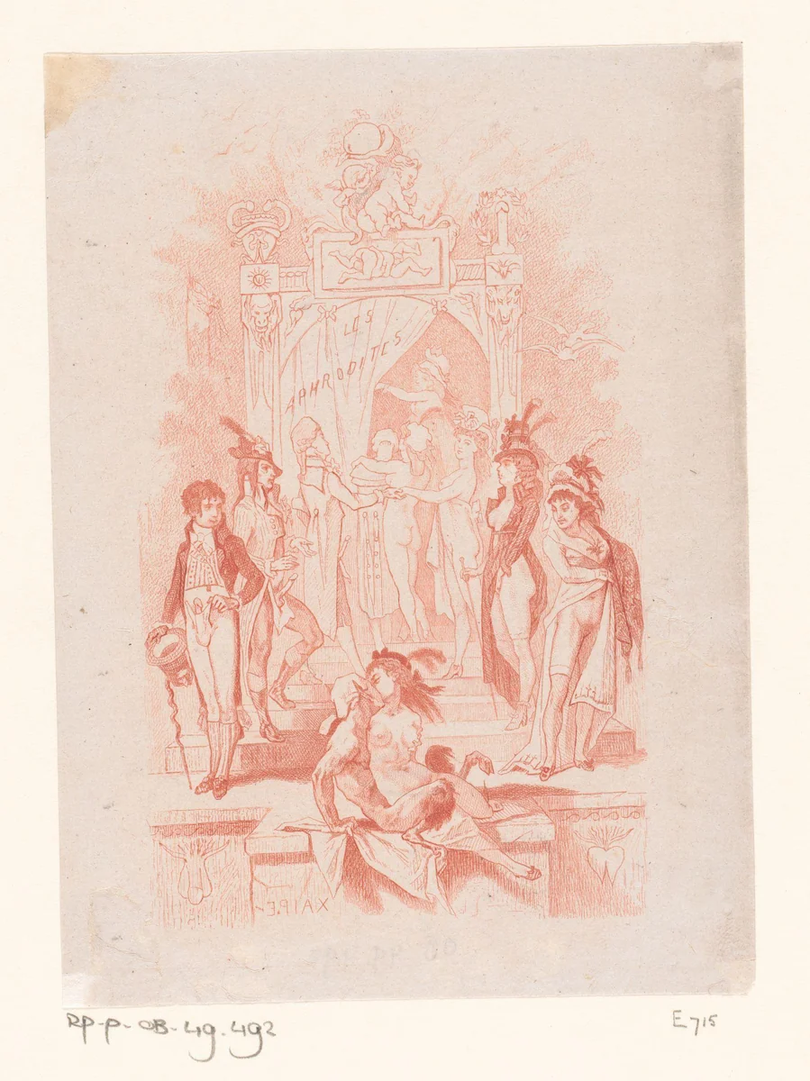 Faun kust een naakte vrouw, waarachter schaars geklede mannen en vrouwen door een gordijn gaan by Félicien Rops, print, 1864