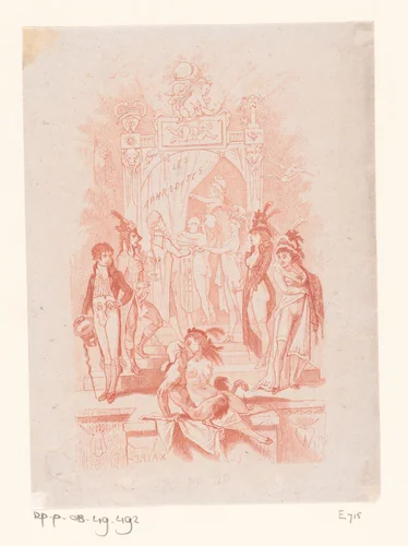Faun kust een naakte vrouw, waarachter schaars geklede mannen en vrouwen door een gordijn gaan by Félicien Rops, print, 1864