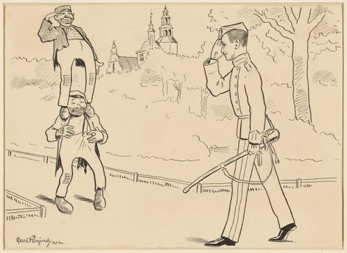 Twee op elkaar staande zwervers groeten een militaire officier by Carl Frederik Lobeck Rögind, drawing, 1902