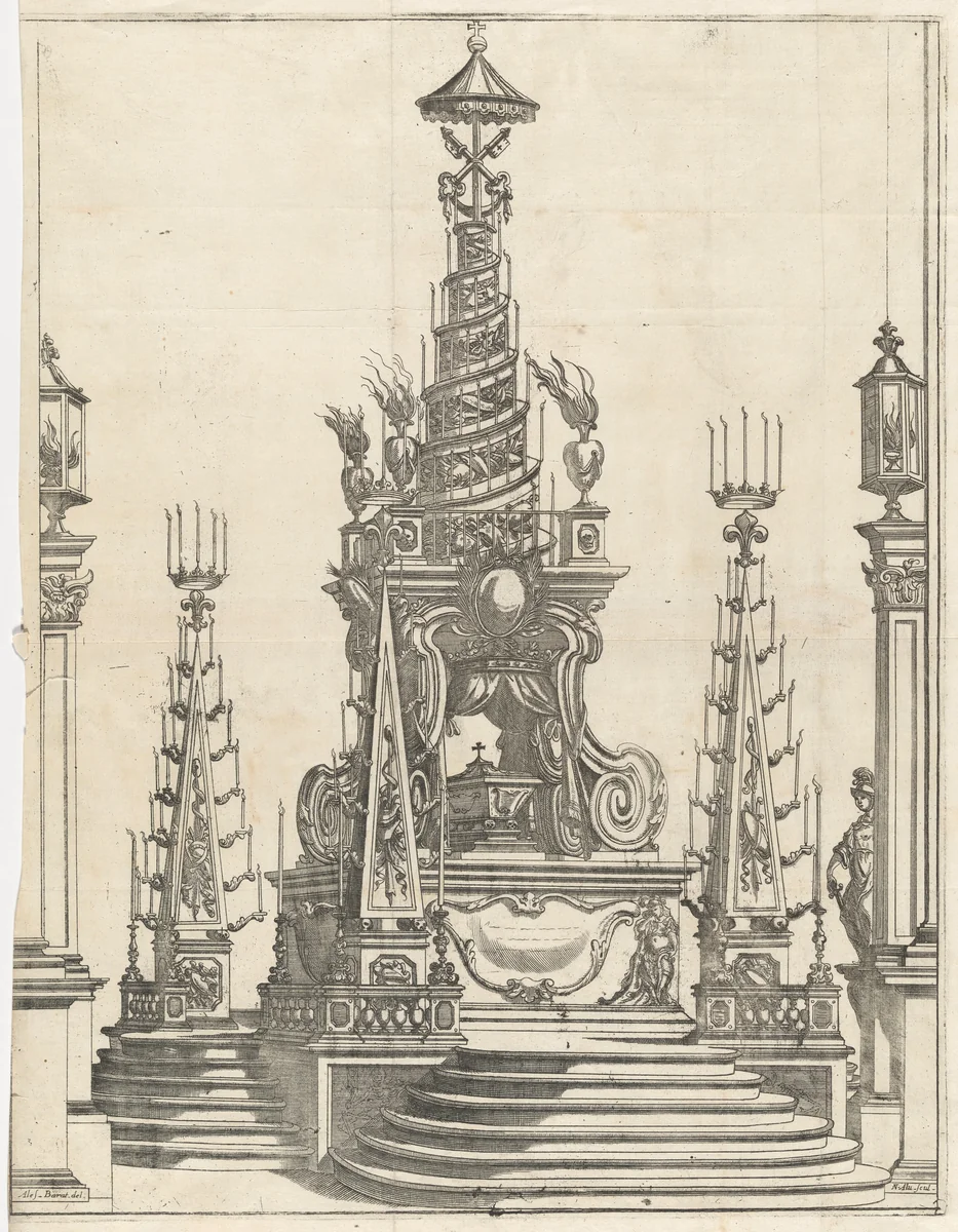 Catafalque for Ranuccio II in the Church of the Steccata by Niccolò Alù; Alessandro Baratta, print, 1695