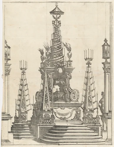 Catafalque for Ranuccio II in the Church of the Steccata by Niccolò Alù; Alessandro Baratta, print, 1695