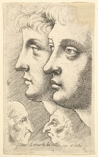 Two youths in profile to left with two grotesque heads facing each other below by Wenceslaus Hollar, print, 1644-1652