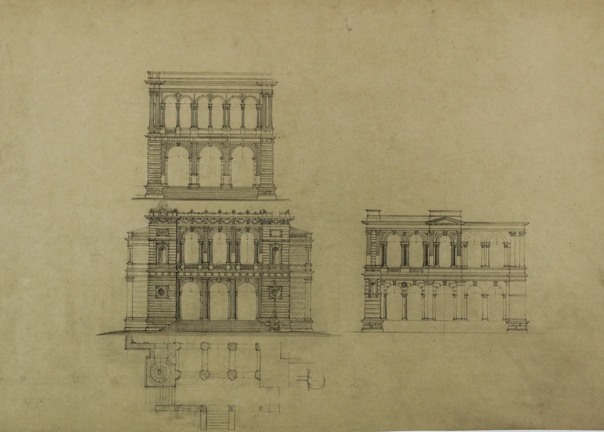 Design Projects, Building Elevation Studies and Plan by Carl Furst, drawing, 1860-1870