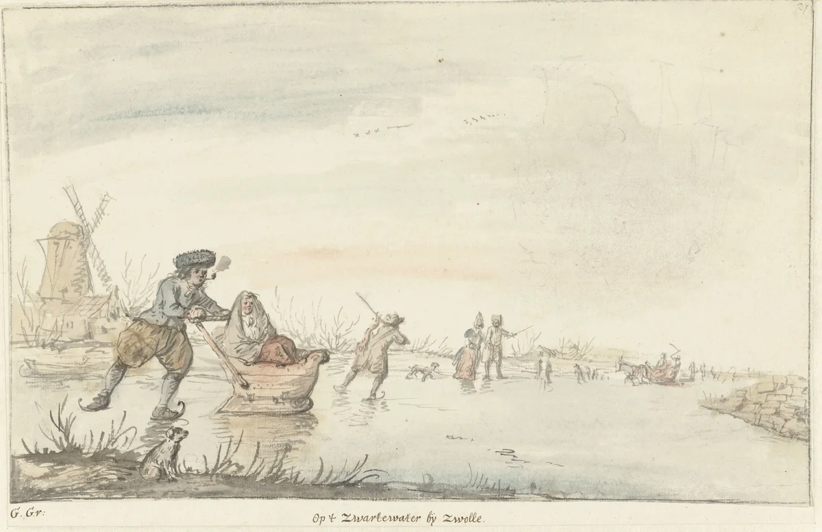 Wintergezicht op het Zwarte Water bij Zwolle by Gerrit Grasdorp, drawing, 1661-1693