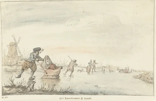 Wintergezicht op het Zwarte Water bij Zwolle by Gerrit Grasdorp, drawing, 1661-1693