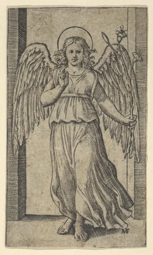 The Angel Gabriel standing, from "Piccoli Santi" (Small Saints) by Marcantonio Raimondi, print, 1495-1532