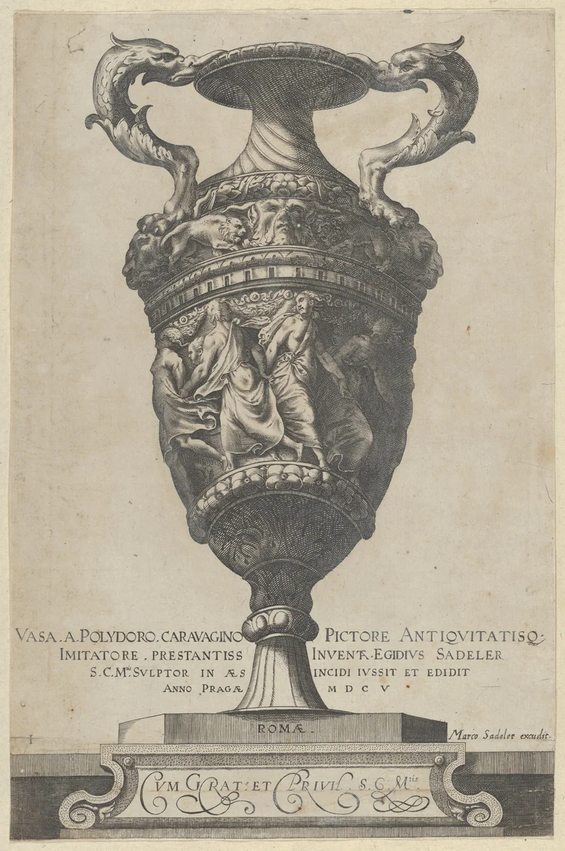 Title page depicting a two-handled base with dancing nymphs, from "Antique Vases" (Vasa a Polidoro Caravagino) by Aegidius Sadeler II, print, 1605