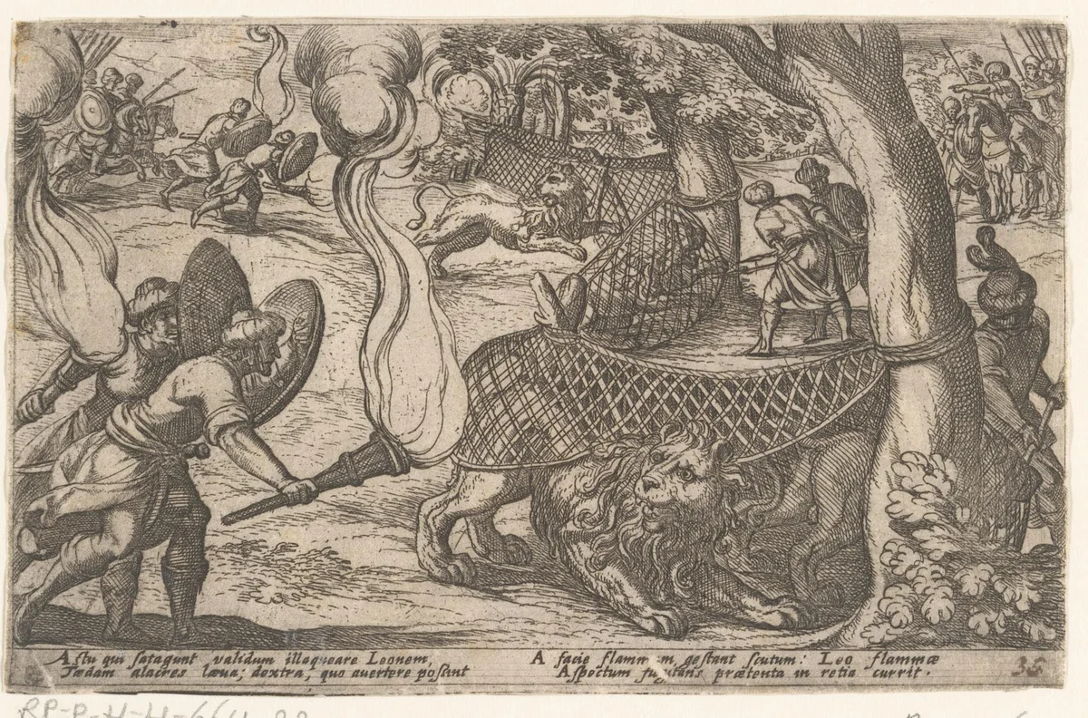 Jagers vangen leeuwen by Antonio Tempesta, print, 1605