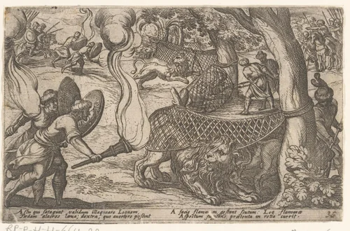 Jagers vangen leeuwen by Antonio Tempesta, print, 1605