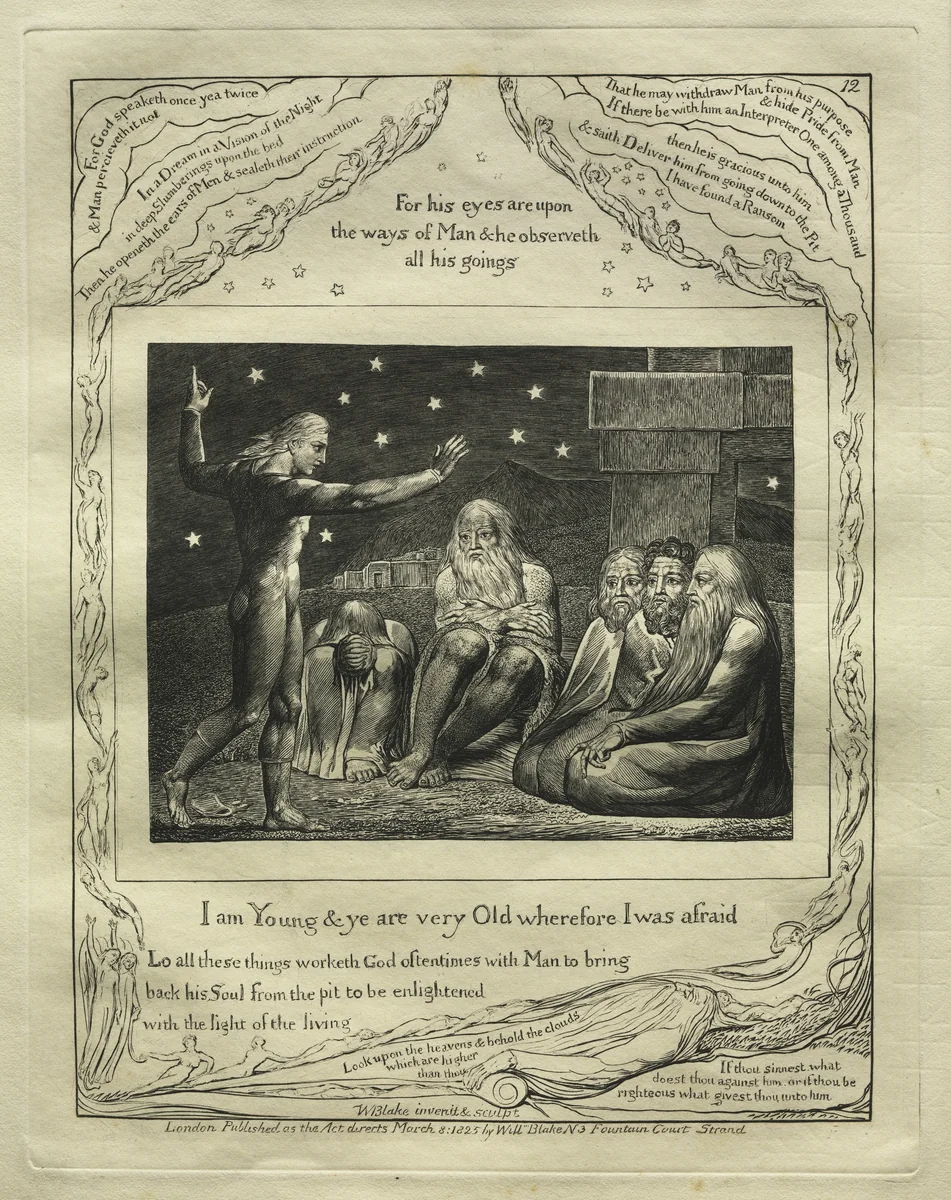 The Book of Job: Pl. 12, I am Young and ye are very Old wherefore I was afraid by William Blake, print, 1825