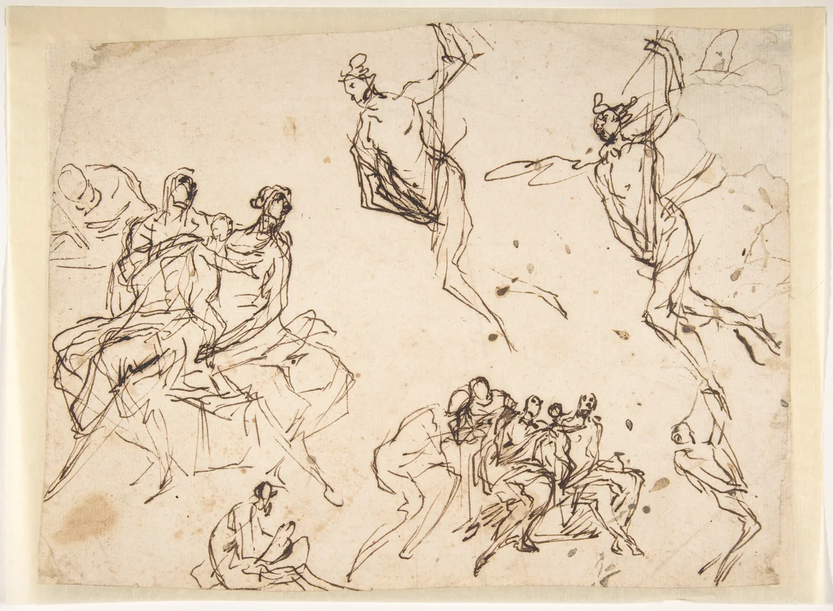 Studies of a Group of Seated Figures and of a Flying Figure by Micco Spadaro, drawing, 1612-1675