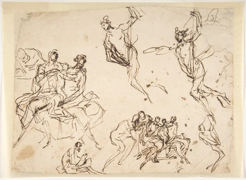 Studies of a Group of Seated Figures and of a Flying Figure by Micco Spadaro, drawing, 1612-1675