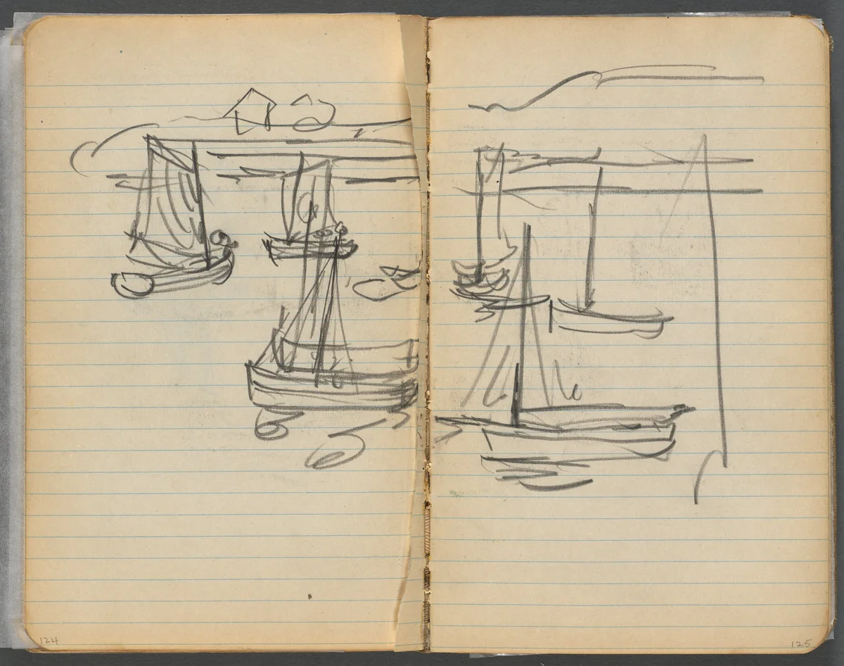 Sketchbook, page 124 & 125: Sailboats by Maurice Prendergast, book, 1905-1910