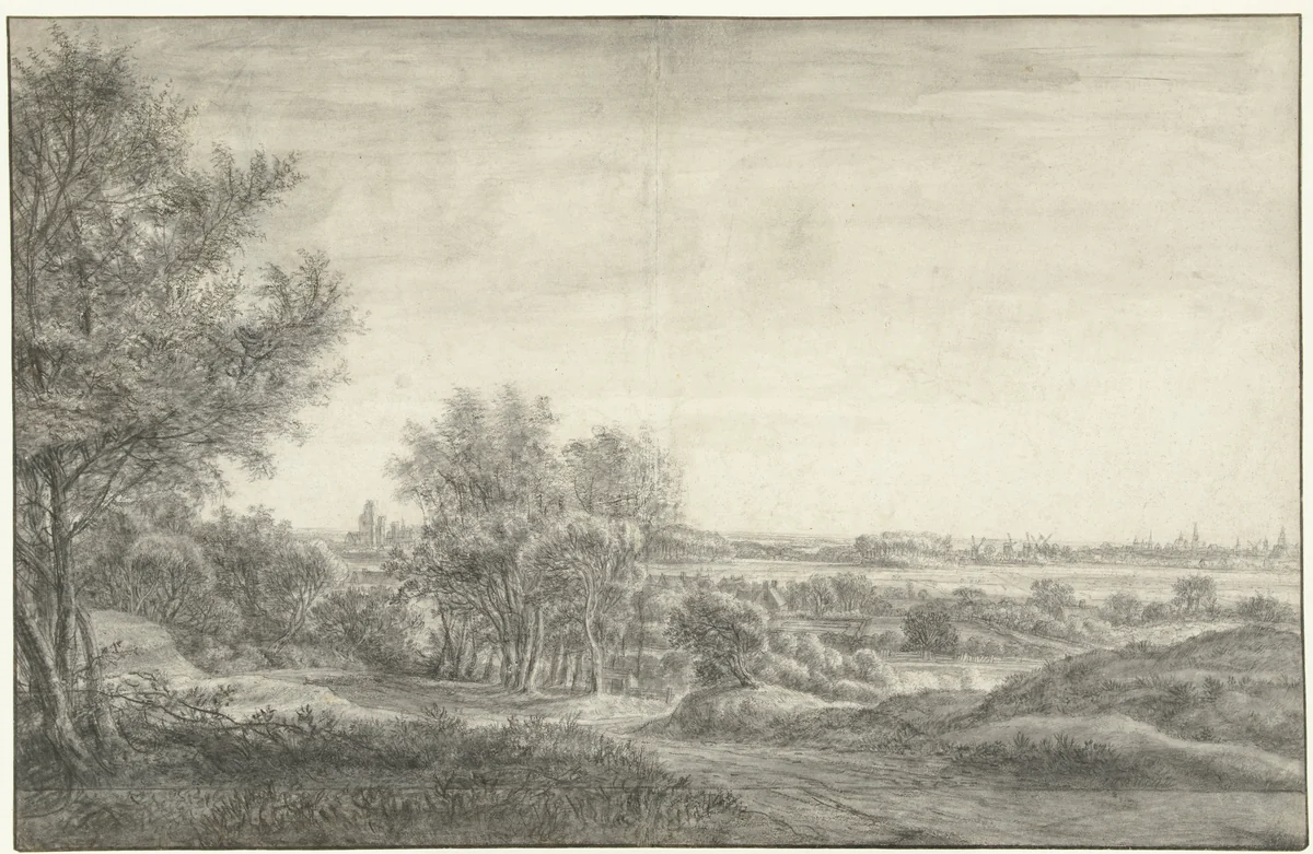 Gezicht vanuit de duinen op Haarlem met ruïne van het Huis te Kleef by Anthonie Waterloo, drawing, 1619-1690
