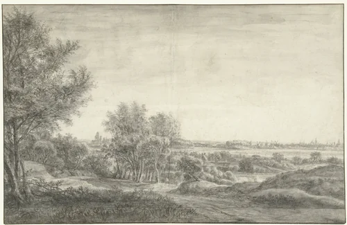 Gezicht vanuit de duinen op Haarlem met ruïne van het Huis te Kleef by Anthonie Waterloo, drawing, 1619-1690