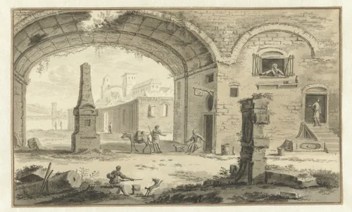 Gefantaseerd Italiaans stadsgezicht met klassieke bouwwerken en doorkijk onder een boog by Abraham Rademaker, drawing, 1685-1735