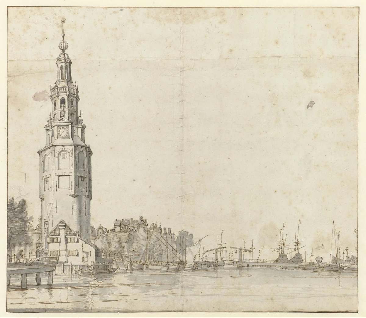 Montelbaanstoren en de Oudeschans te Amsterdam by Ludolf Bakhuysen, drawing, 1641-1685