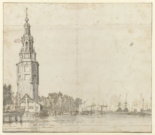 Montelbaanstoren en de Oudeschans te Amsterdam by Ludolf Bakhuysen, drawing, 1641-1685