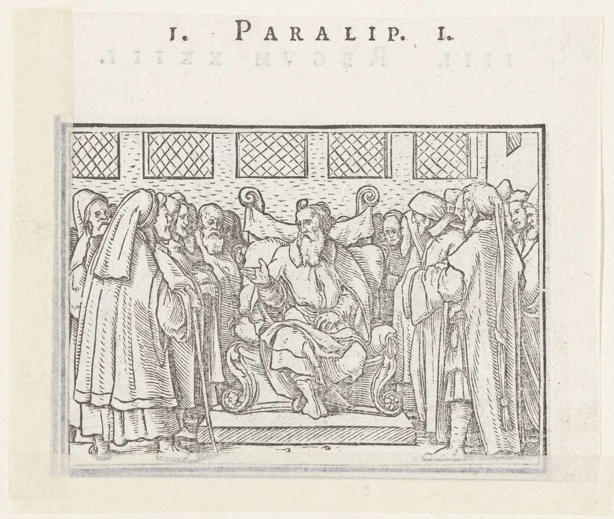 Oude mannen verenigd rond een troon met stamvader by Hans Holbein, print, 1538