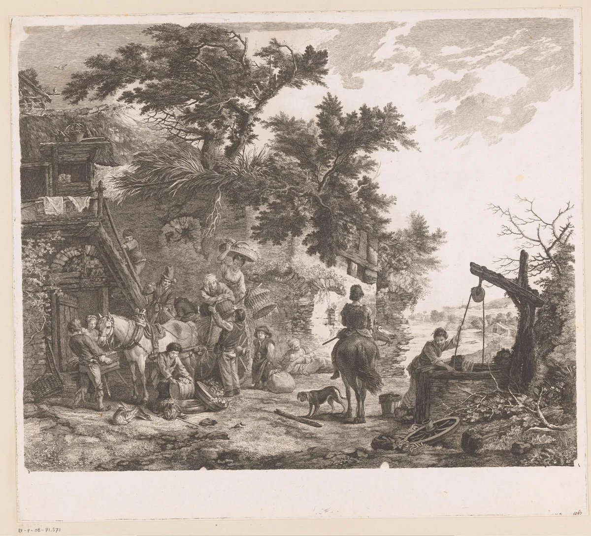 Figuren terugkerend van de markt bij een huis met waterput by Jean Moyreau, print, 1733-1762