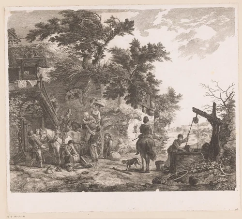 Figuren terugkerend van de markt bij een huis met waterput by Jean Moyreau, print, 1733-1762