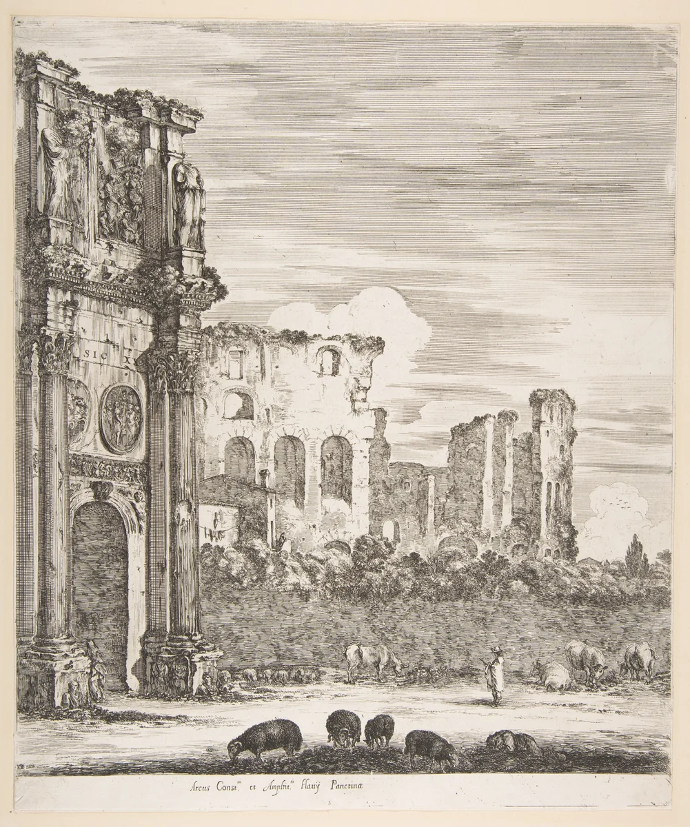 Arch of Constantine and Colosseum with sheep grazing in foreground, from "Six large views, four of Rome, and two of the Roman countryside" (Six grandes vues, dont quatre de Rome et deux de la Campagne romaine) by Stefano della Bella, print, 1656