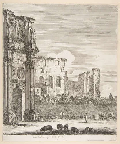 Arch of Constantine and Colosseum with sheep grazing in foreground, from "Six large views, four of Rome, and two of the Roman countryside" (Six grandes vues, dont quatre de Rome et deux de la Campagne romaine) by Stefano della Bella, print, 1656