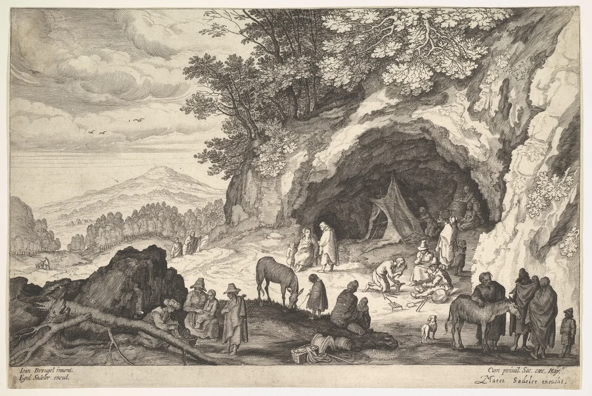 Mountainous Landscape with a Group of Gypsies by Aegidius Sadeler II, print, 1586-1629