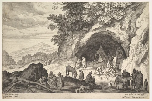 Mountainous Landscape with a Group of Gypsies by Aegidius Sadeler II, print, 1586-1629