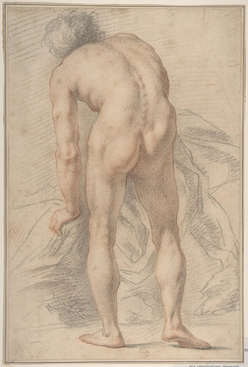 Nude Male Figure, Rear View by Giovanni da San Giovanni, drawing, 1700-1800