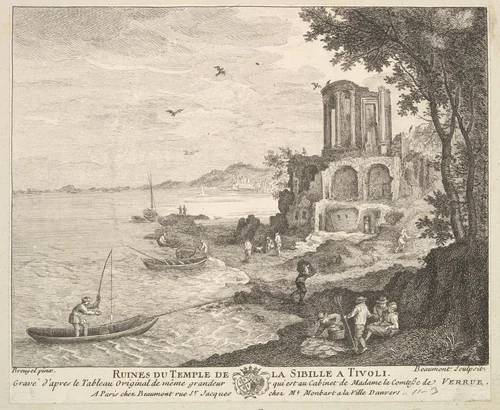 Ruins of the Temple of the Sybil in Tivoli (Ruines du Temple de la Sibille a Tivoli) after the painting in the collection of Madame la Comtesse de Verrue by Pierre François Beaumont, print, 1719-1780