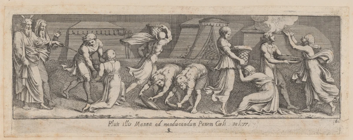 Plate 8: Israelites Collecting Manna, from Exodus 15 and 16, after a lost fresco in the basamento of Bay 8 of the Vatican Loggia by Pietro Santi Bartoli, print, 1650-1677