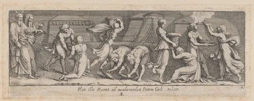 Plate 8: Israelites Collecting Manna, from Exodus 15 and 16, after a lost fresco in the basamento of Bay 8 of the Vatican Loggia by Pietro Santi Bartoli, print, 1650-1677